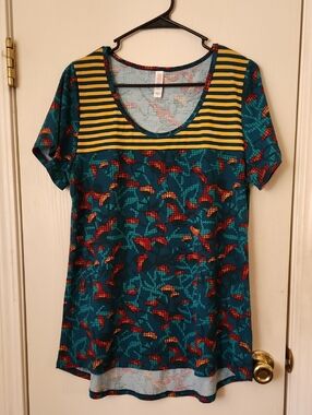 LuLaRoe Teal Short Sleeve Scoop Neck Top with Yellow Striped Yoke